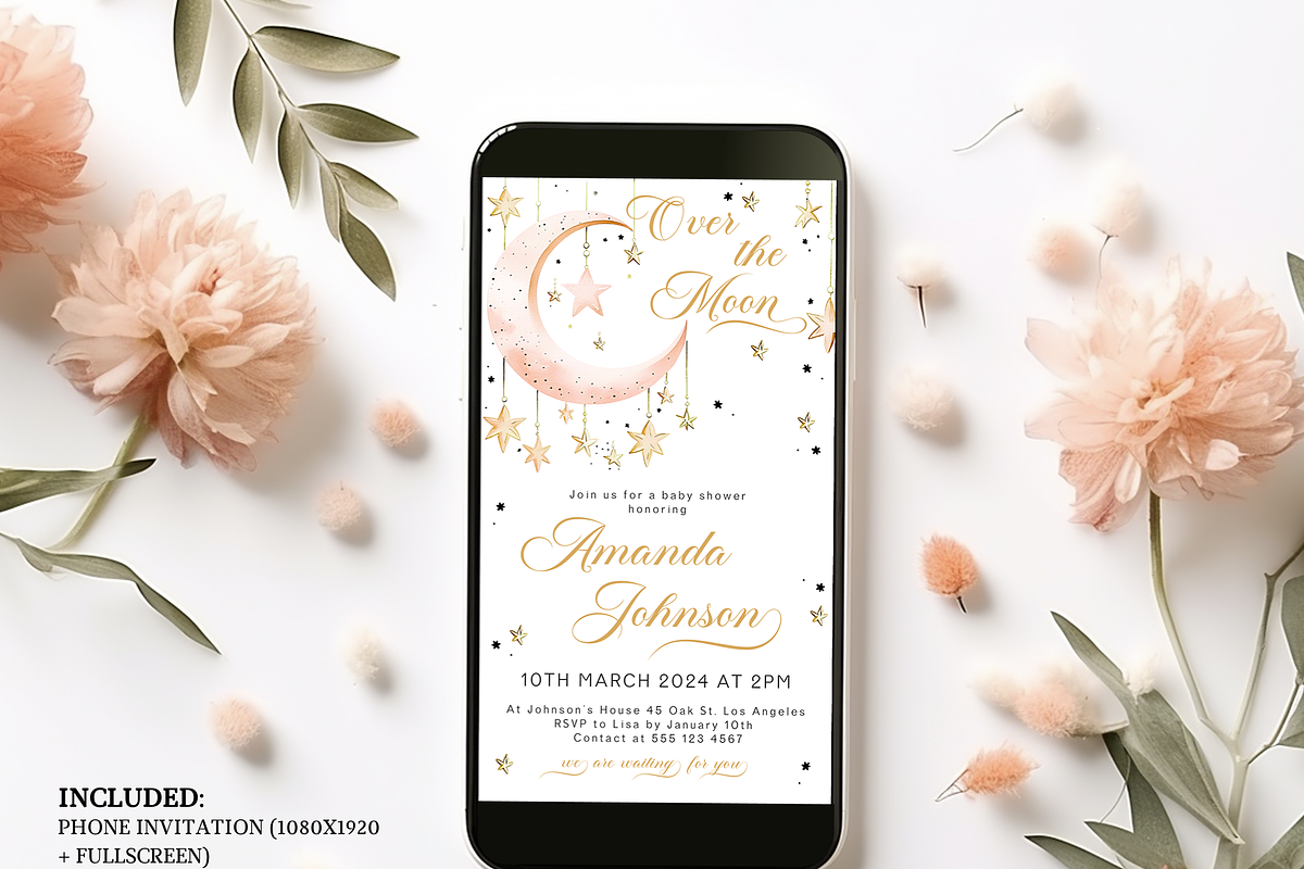 Pink Over the Moon Baby Invite, an Invitation Template by Digital_Mind (Photo 3 of 8)