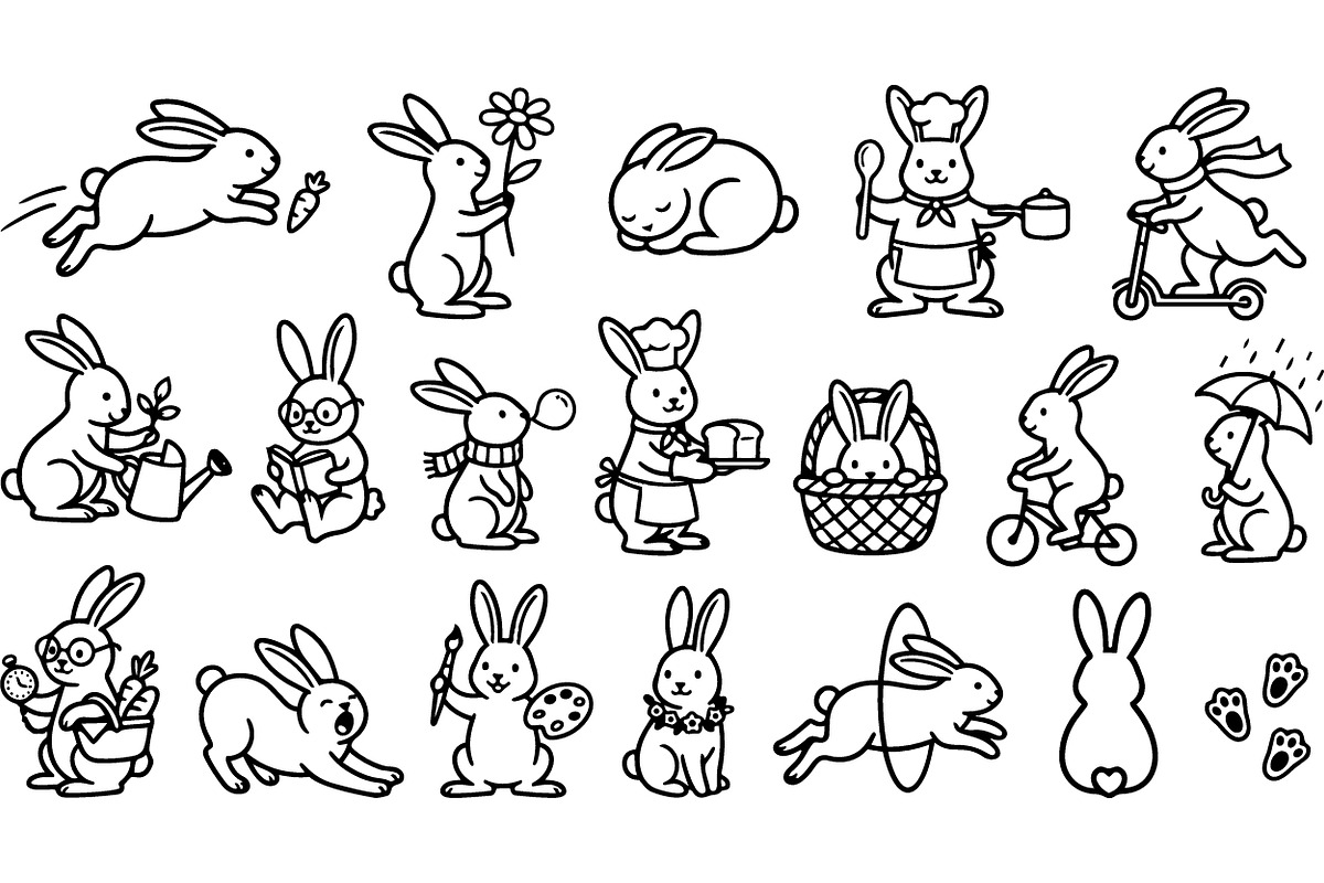 Cute Bunny Line Art Set, an Illustration by designvectx (Photo 2 of 3)