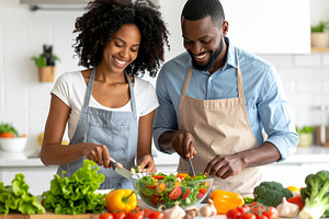 Diverse couple preparing a colorful salad in a bright kitchen, a Food & Drink Photo by DanFLCreativo