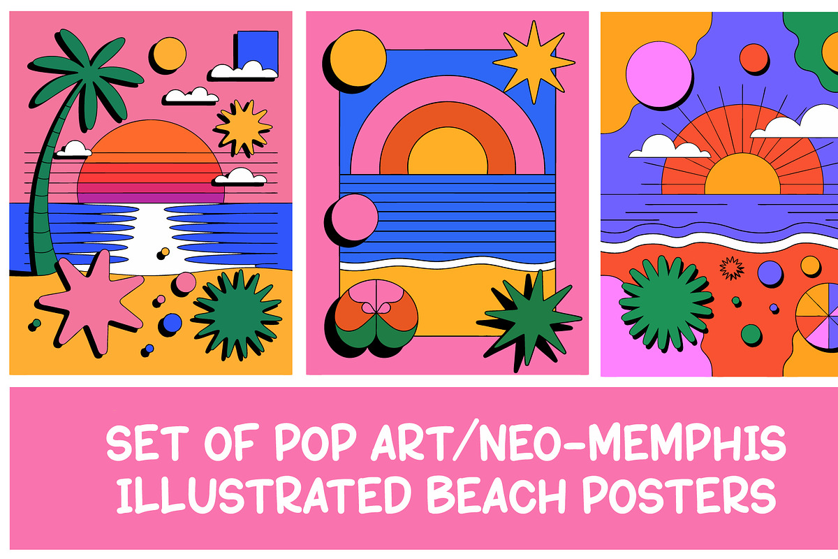 Set of pop art beach posters eps, a Seasonal Illustration by Redmixx Design (Photo 1 of 2)