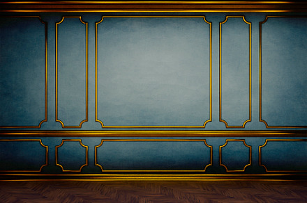 Luxury room interior with golden molding decor and rustic blue s