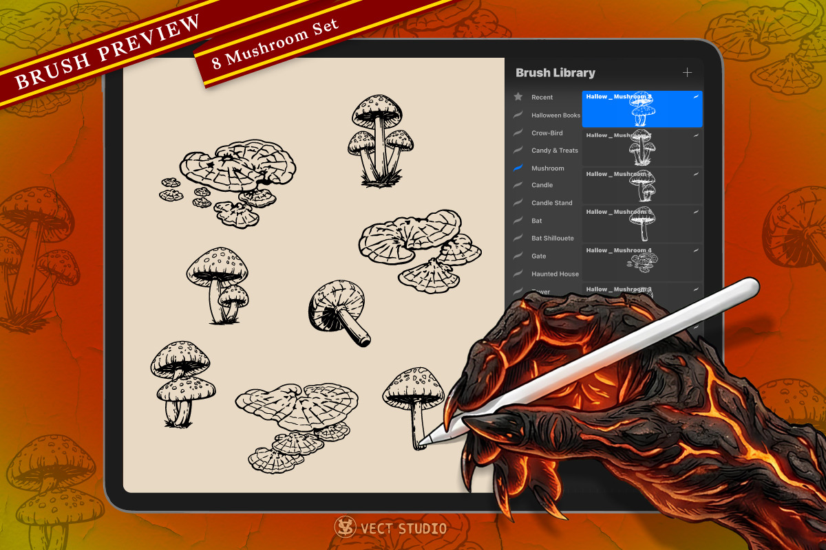 8 Mushroom Halloween Stamp Brushes, a Brush Add-On by vectstudio (Photo 2 of 9)
