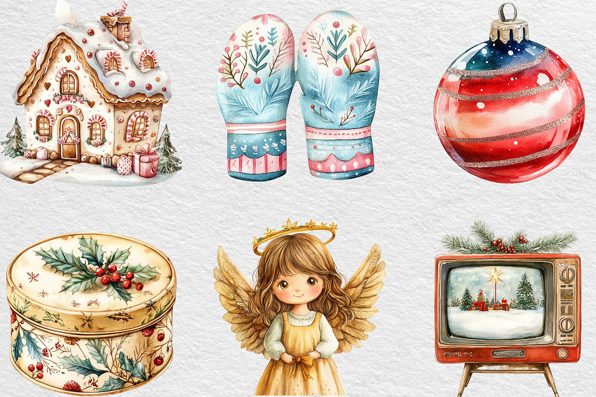 Retro Christmas Watercolor Clipart, an Illustration by Black Bird Studio (Photo 2 of 6)