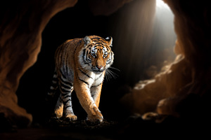 Close up face tiger isolated on black background  in cave with r, an Animal Photo by Byrdyak