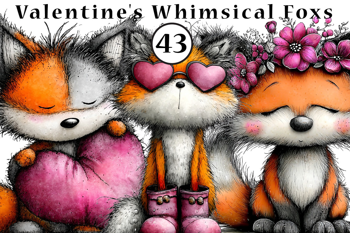 Valentine's Whimsical Foxs Clipart, an Illustration by CreationArt (Photo 1 of 5)