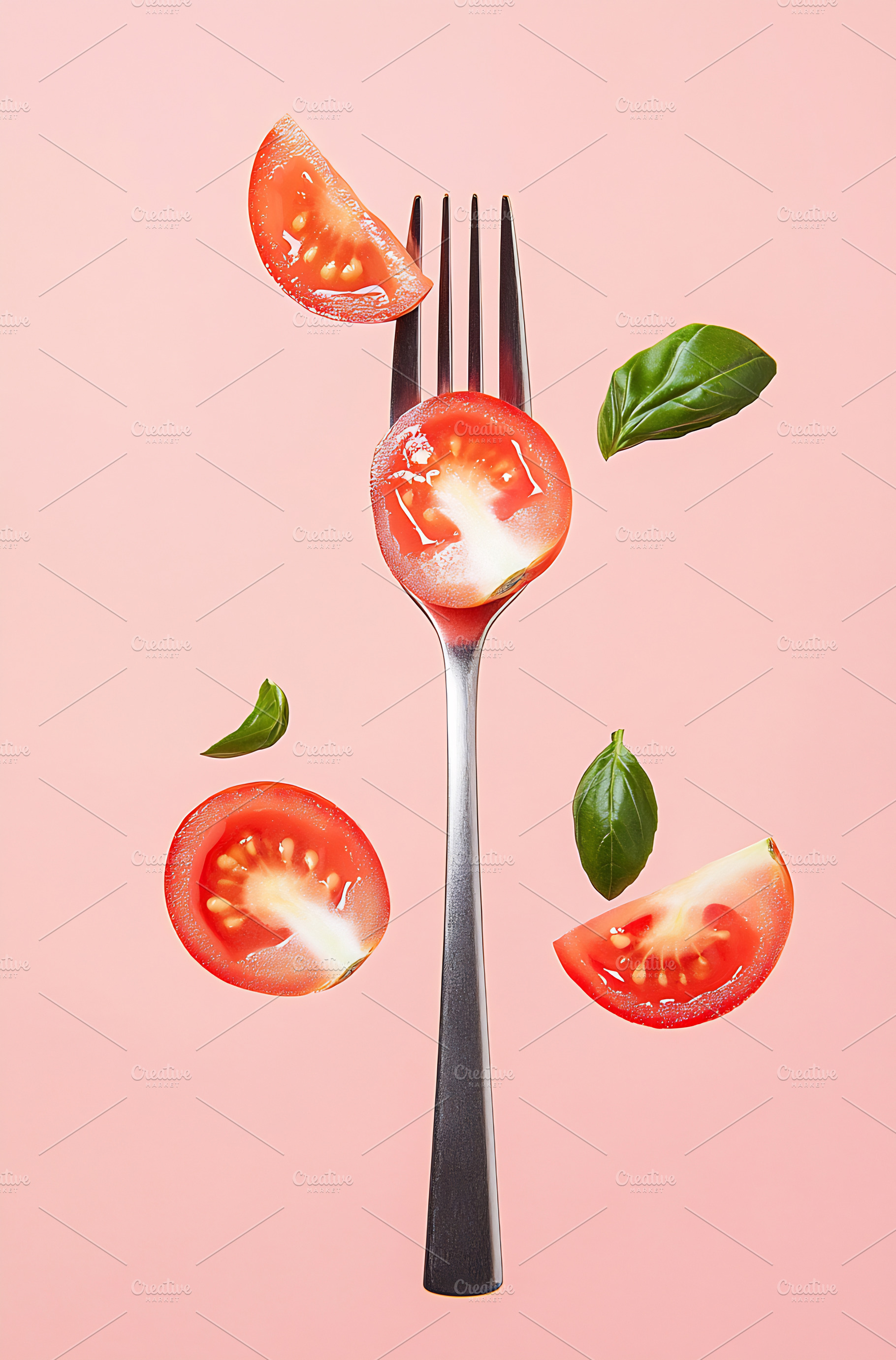 Fresh tomato slices on a fork, a Food & Drink Photo by Beautiful things