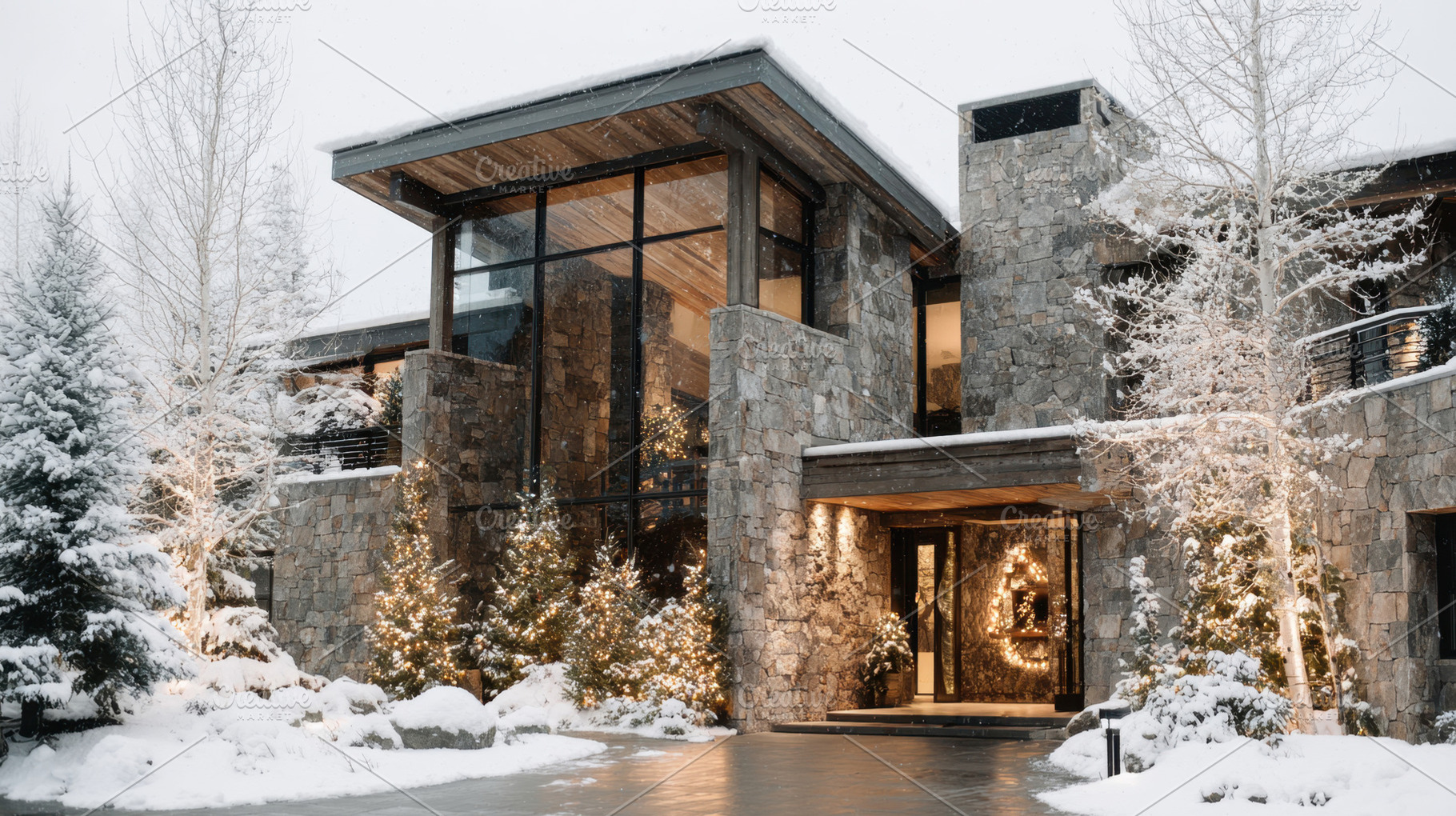 Winter evening at a cozy stone house, a Photo by Beautiful things