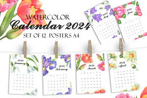 Watercolor Printable Calendar 2024