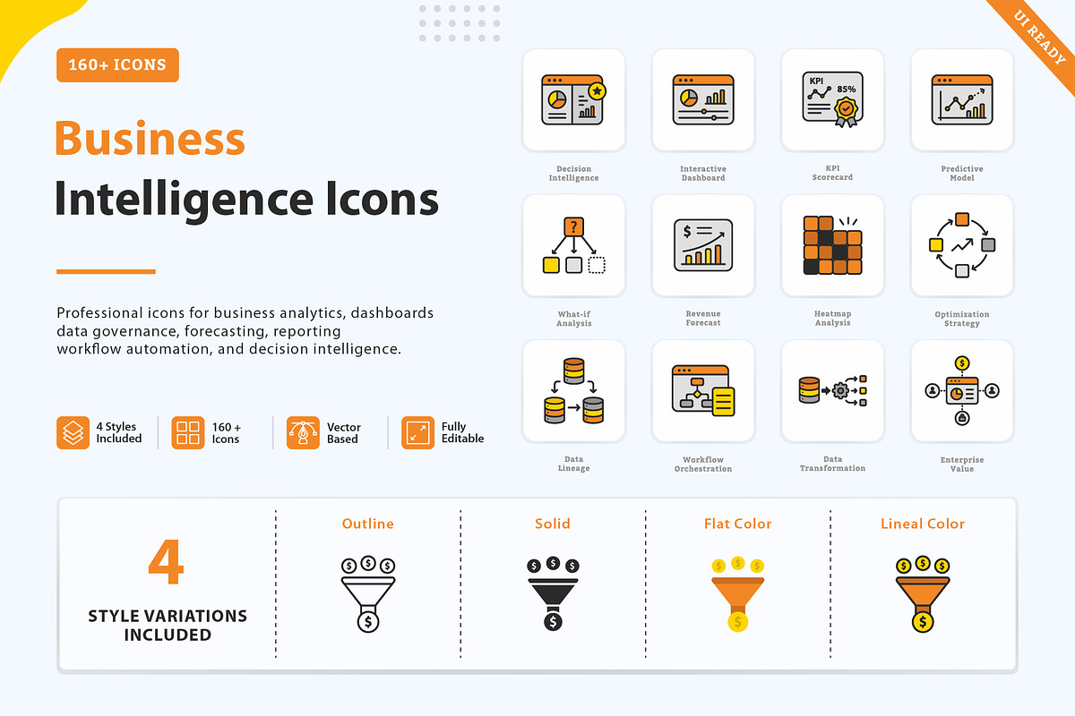 Business Intelligence Icons, an Outline Icon by vexper (Photo 1 of 7)