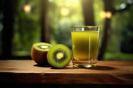 Glass of kiwi juice with fruits on wooden table, a Food & Drink Photo by AlyaAnd