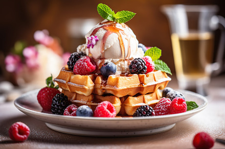 Illustrative of waffles, berries and ice cream on wooden table. Generative AI, a Food & Drink Photo by AlyaAnd