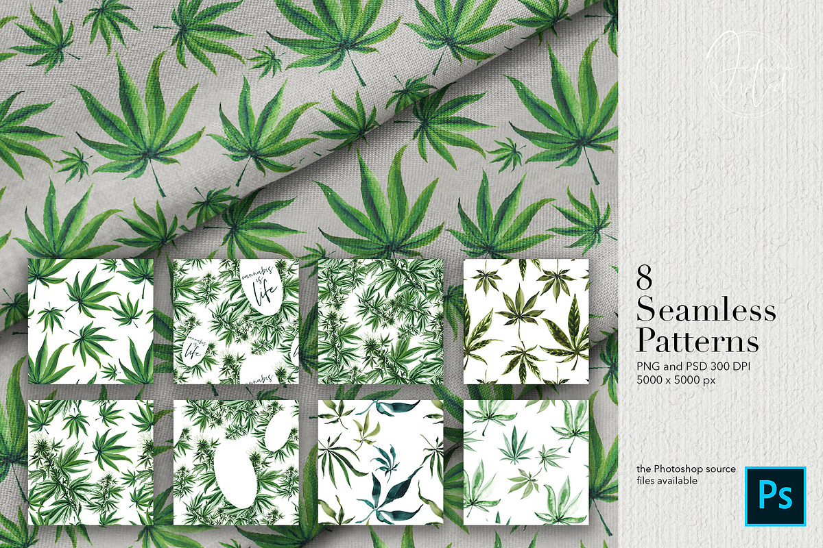 XL files - Watercolor Cannabis Set, an Object Graphic by Jeanina Vlad (Photo 13 of 17)