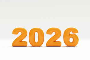 Glossy orange 3D digits forming 2026 on plain white backdrop, a Background Photo by RF Images