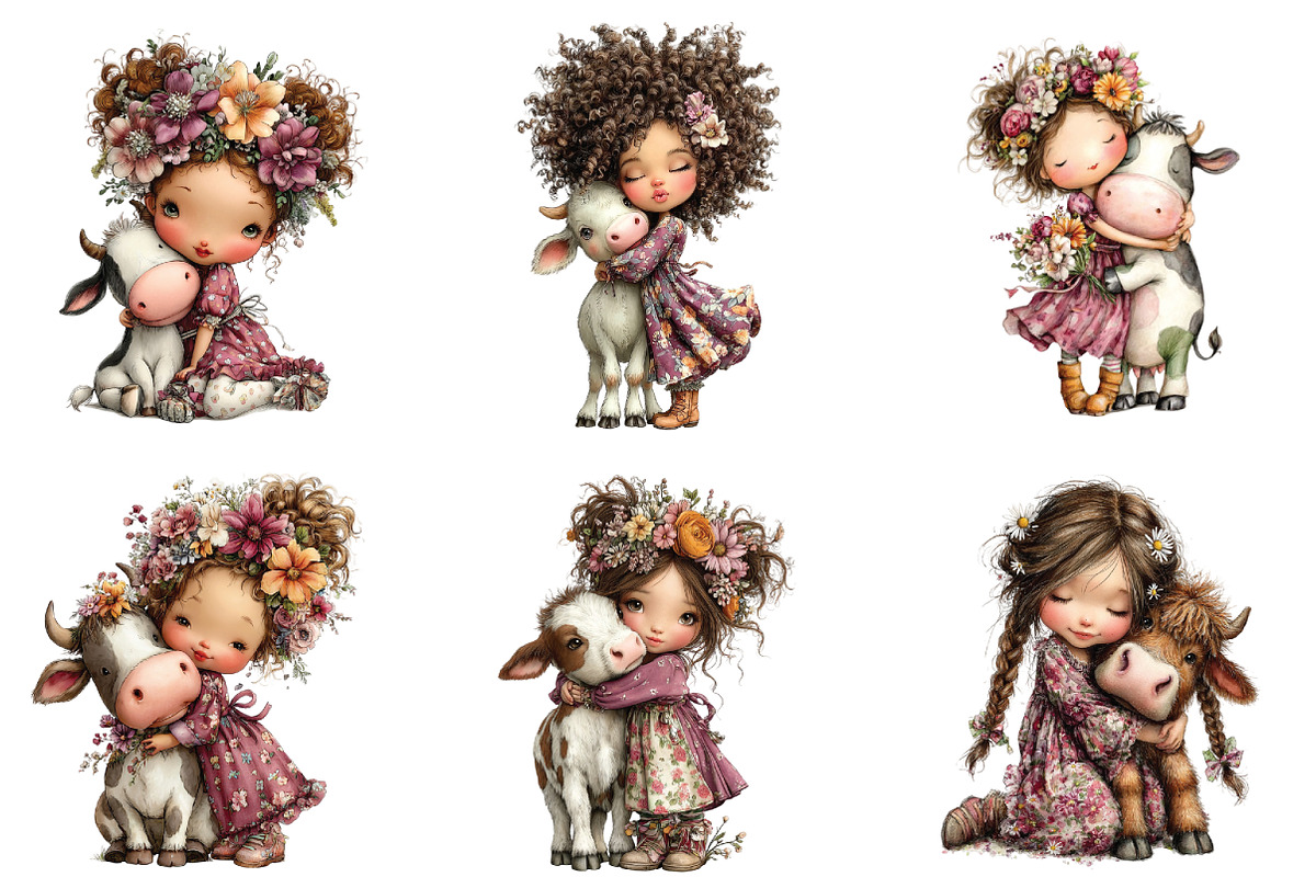 Whimsical Girl Hugging Cow Clipart, an Illustration by CraftArtStudio (Photo 2 of 6)