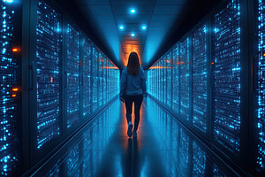 Person walking through a high-tech d, a Photo by Tanuart