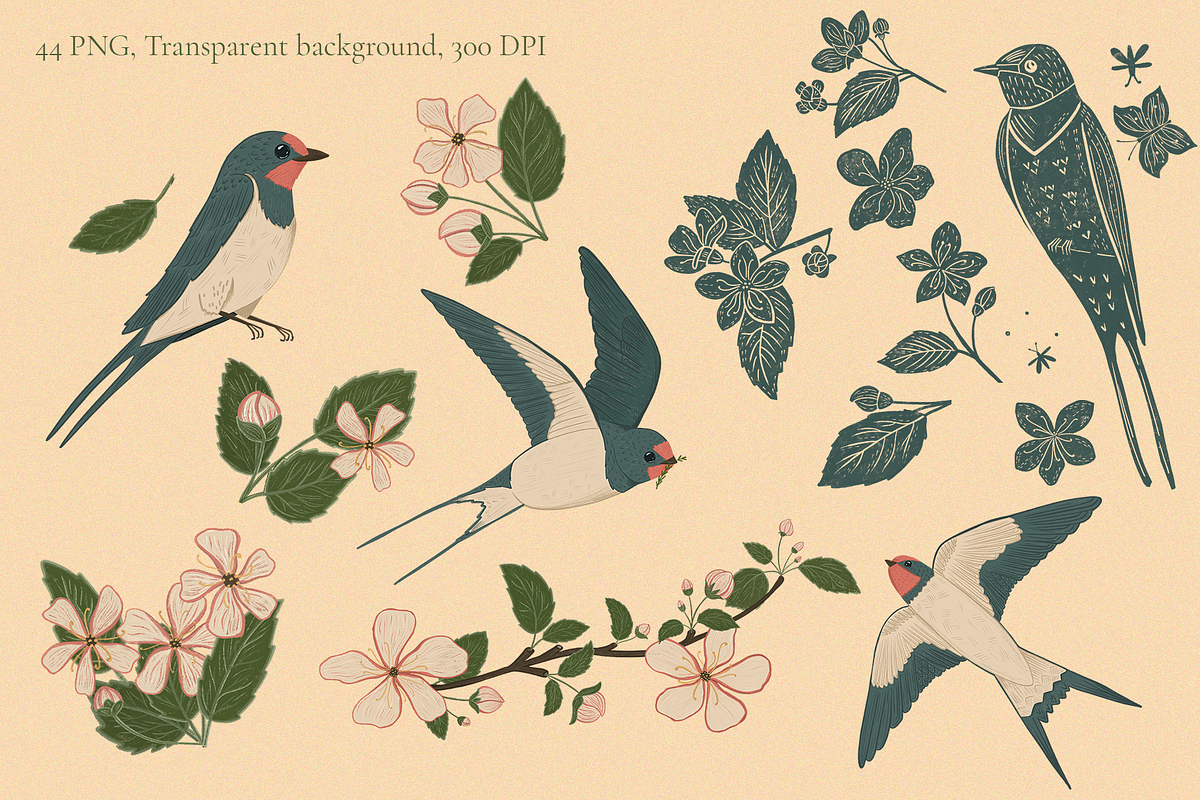 Vintage Apple Blossom & Swallows, a Pattern Graphic by PenguinArtStudio (Photo 3 of 15)