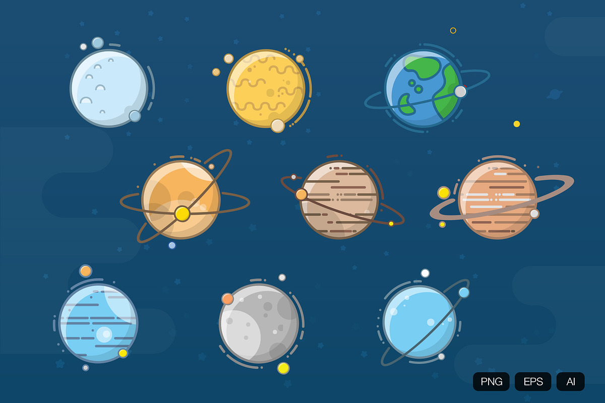 9 Planet Flat Icon, an Outline Icon by Cubicthemes