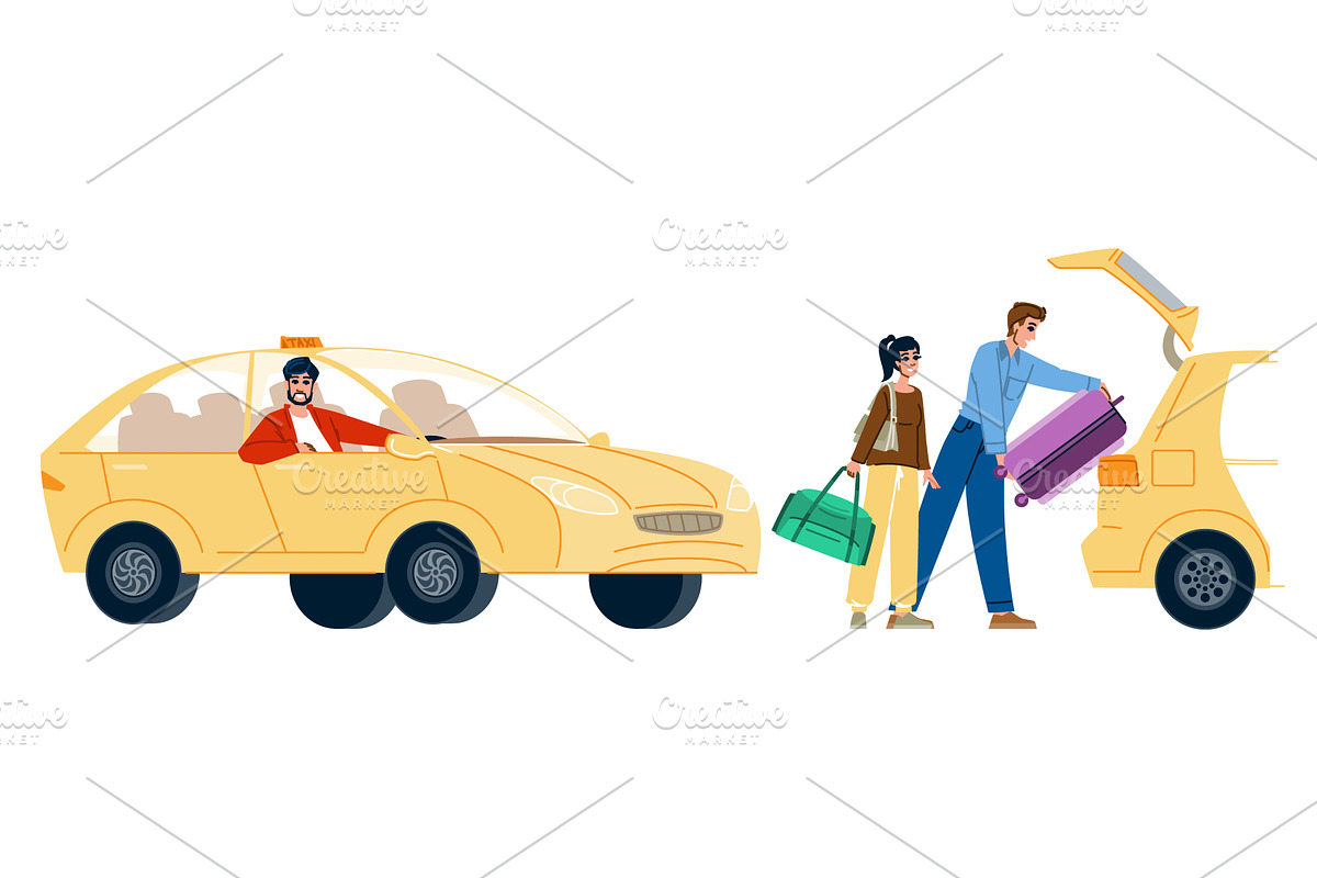 Taxi driver waiting while couple, a Transportation Illustration by pikepicture