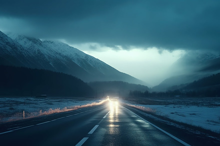 Glowing headlights of a car on an empty highway in the mountains, a Transportation Photo by Studio Light & Shade