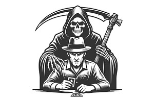 Grim Reaper Behind Man Playing Cards, a Person Illustration by AlexArt