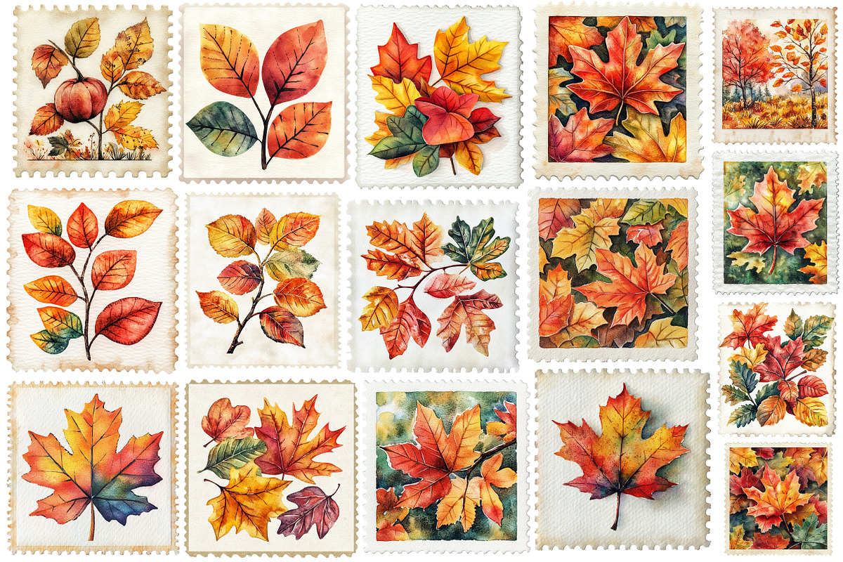 Watercolor Autumn Postage Stamps, an Illustration by SinaCreation (Photo 2 of 5)