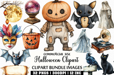 Watercolor Vintage Halloween Clipart
