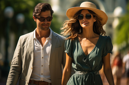 Beautiful young couple in sunglasses walking in asian city at va, a Person Photo by AS photostudio