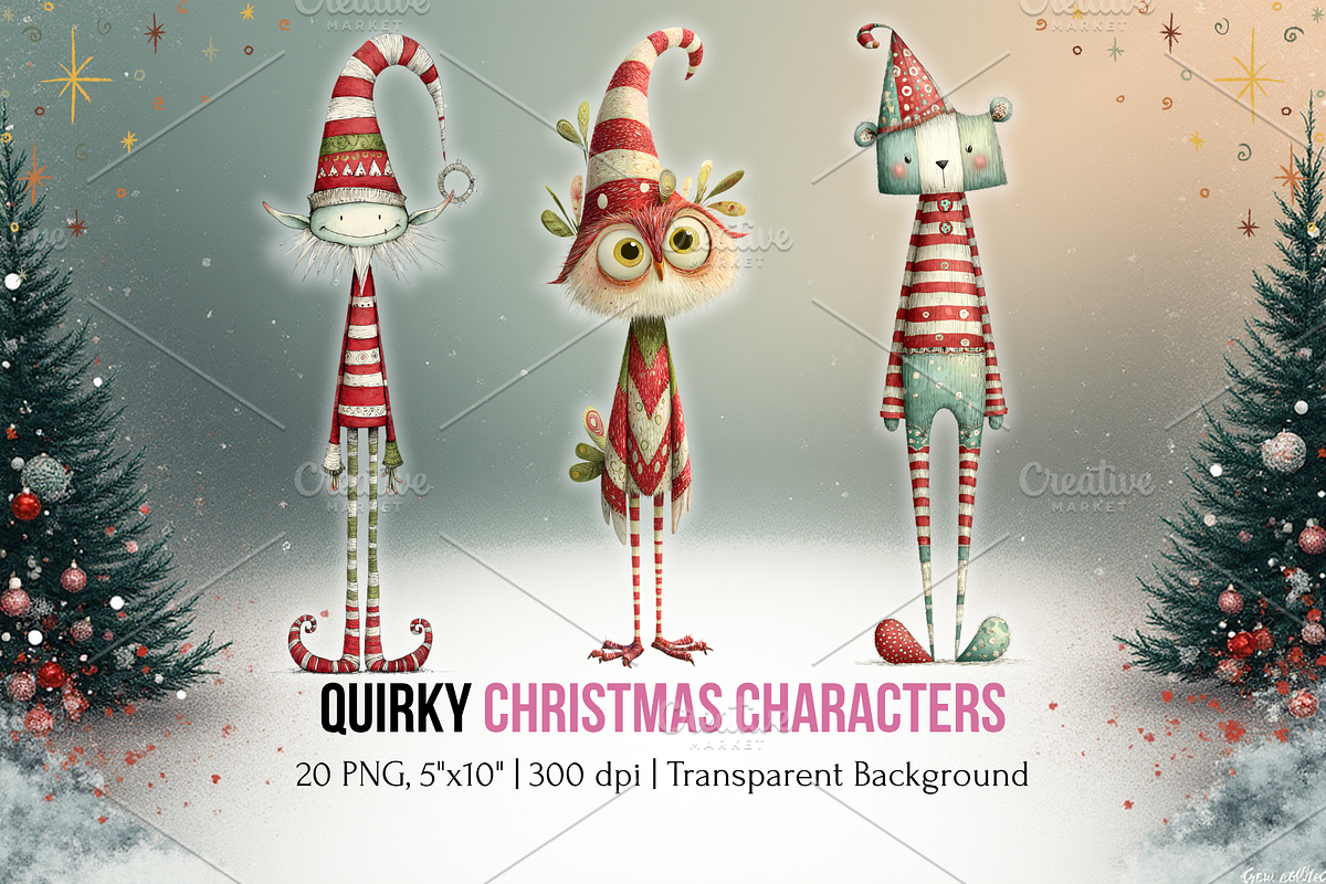 Quirky Christmas Clipart Characters, a Seasonal Illustration by Print Haven Mochi Vintage (Photo 1 of 7)
