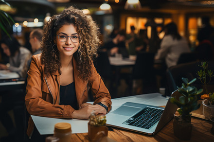 Portrait of beautiful young woman with curly online taxes and in, a Business Photo by AS photostudio