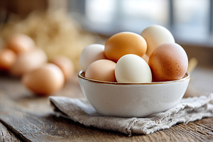 Fresh farm eggs arranged neatly in a rustic ceramic bowl on a wooden table, a Photo by AlyaAnd