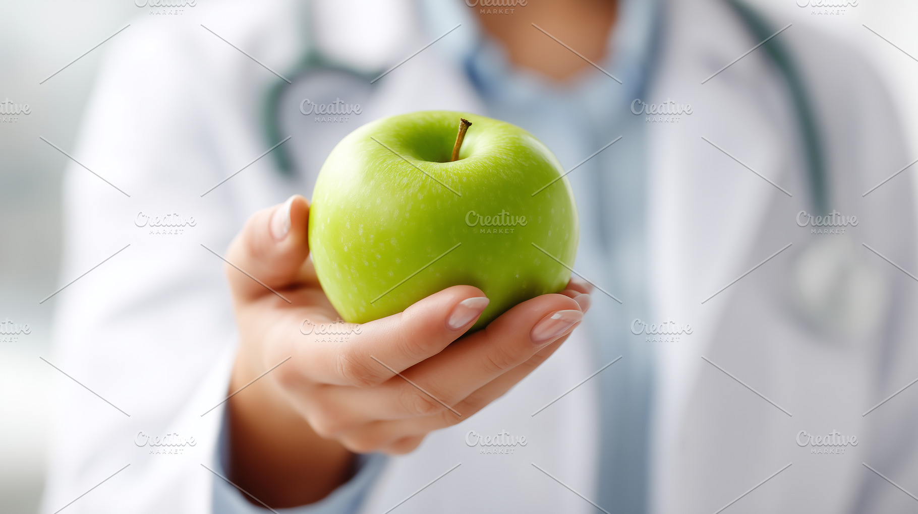 Doctor holding a fresh green apple, a Health & Medical Photo by MistyDay