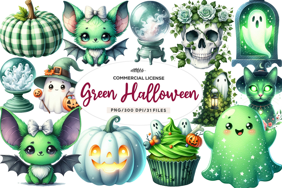 Green & White Halloween Clipart, an Illustration by CreationArt (Photo 1 of 9)