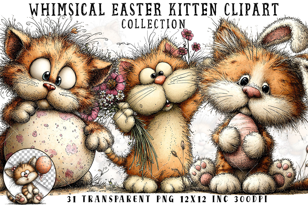 Whimsical Easter Kitten Clipart, an Illustration by OK Design (Photo 1 of 6)