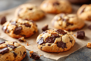 Freshly baked cookies with melted chocolate chunks cooling on a countertop, a Food & Drink Photo by AlyaAnd