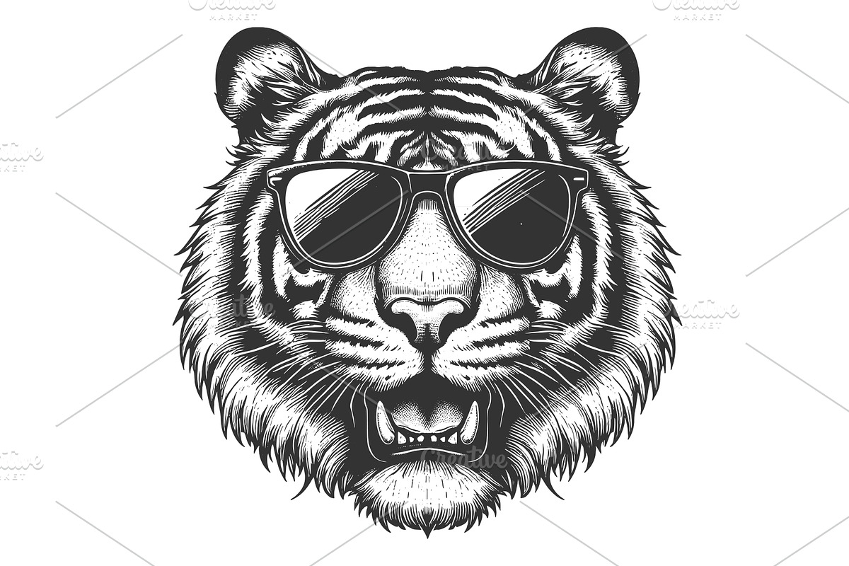 Cool Tiger in Sunglasses engraving, an Animal Illustration by AlexArt