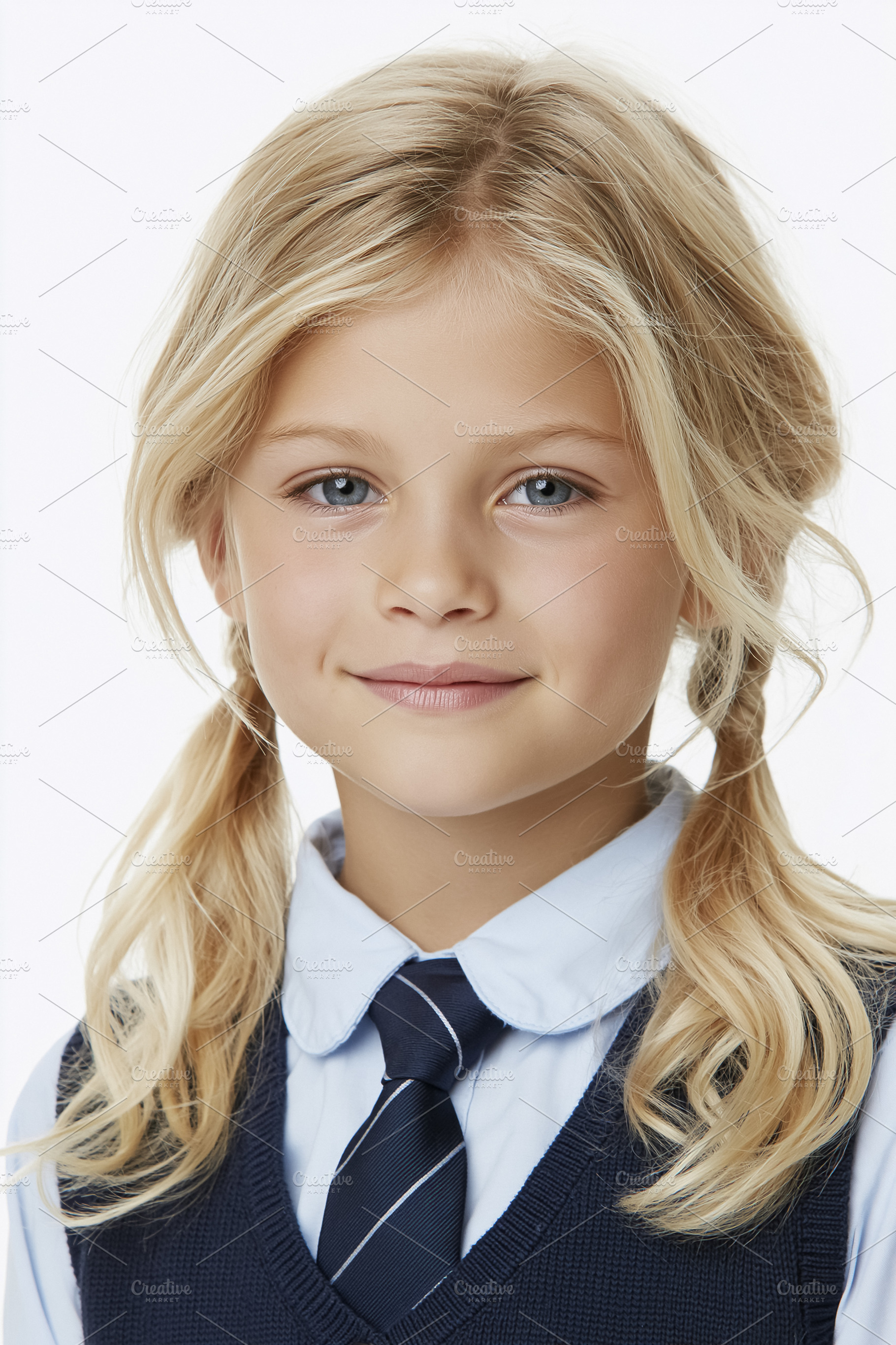 Young blonde student girl smiling, wearing school uniform, pigta, a Person Photo by Studio ANNA