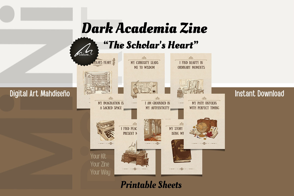 Dark Academia Affirmation Cards Zine, a Card Template by Digital Art Mahdiseño (Photo 1 of 11)