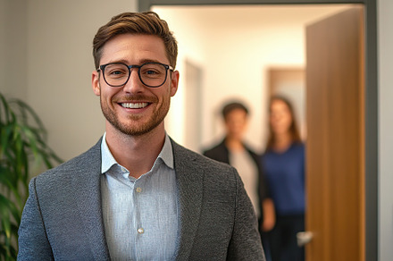 Realtor standing confidently in an office space welcoming clients, a Person Photo by AlyaAnd