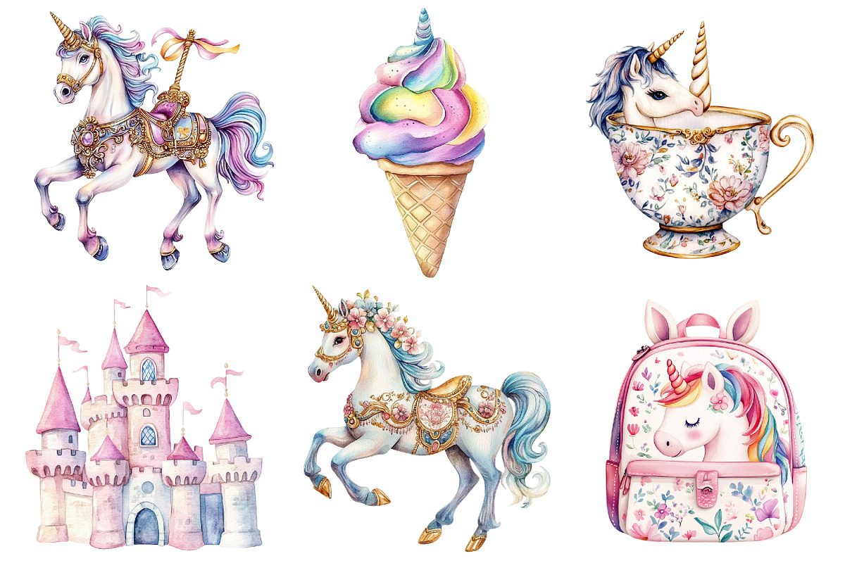 Watercolor Cute Unicorn Clipart, a Seasonal Illustration by CitraGraphics (Photo 2 of 5)
