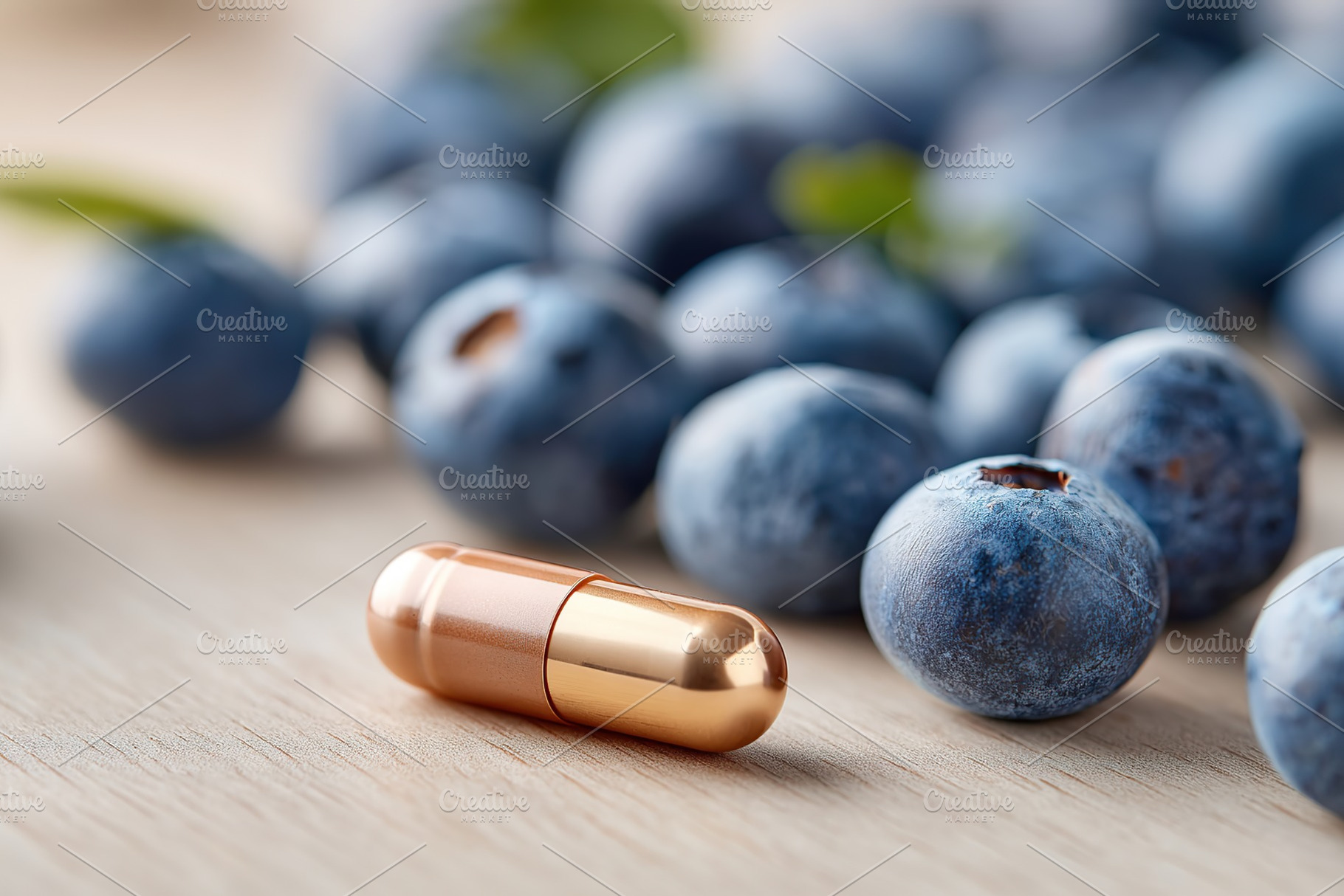 Blueberries and a golden capsule on a wooden surface create a vibrant, healthy, a Photo by AlyaAnd