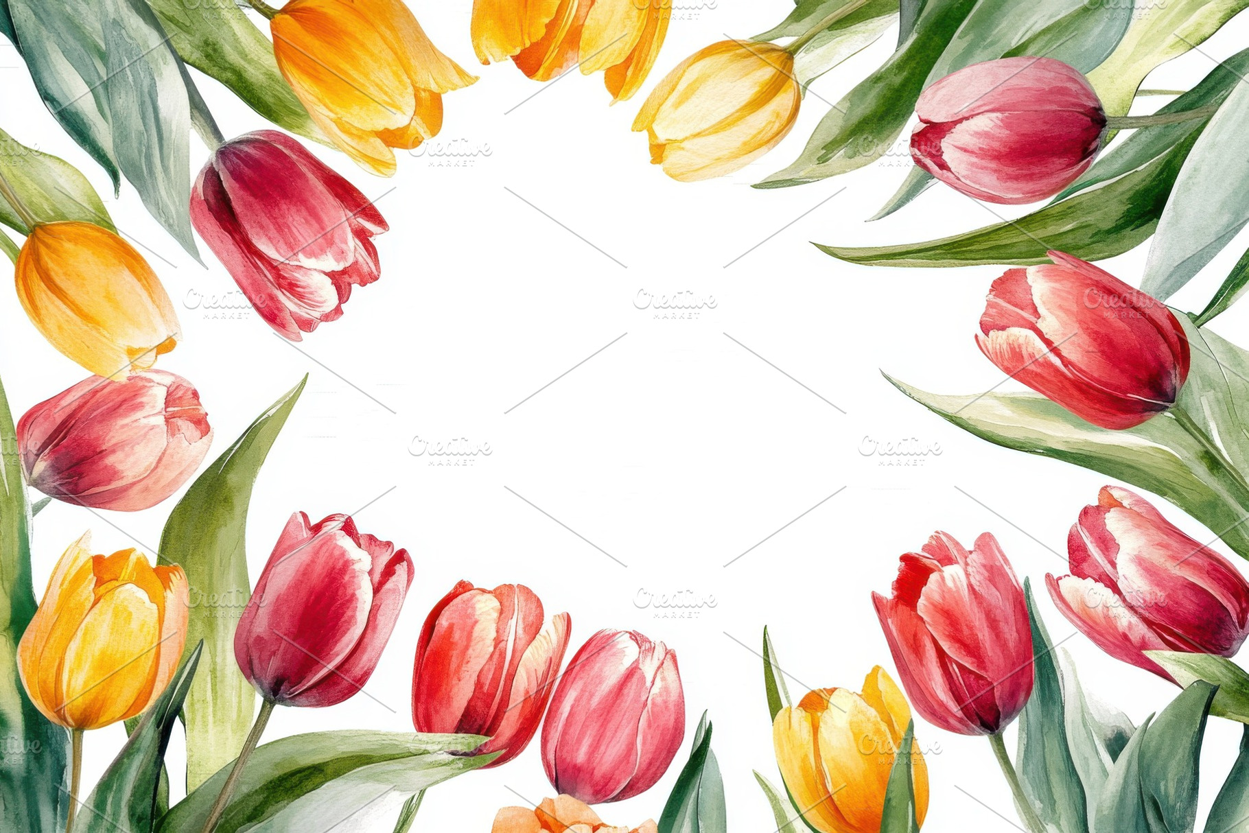 Watercolor Tulips Frame Spring Flowe, a Photo by Pixeness Studio