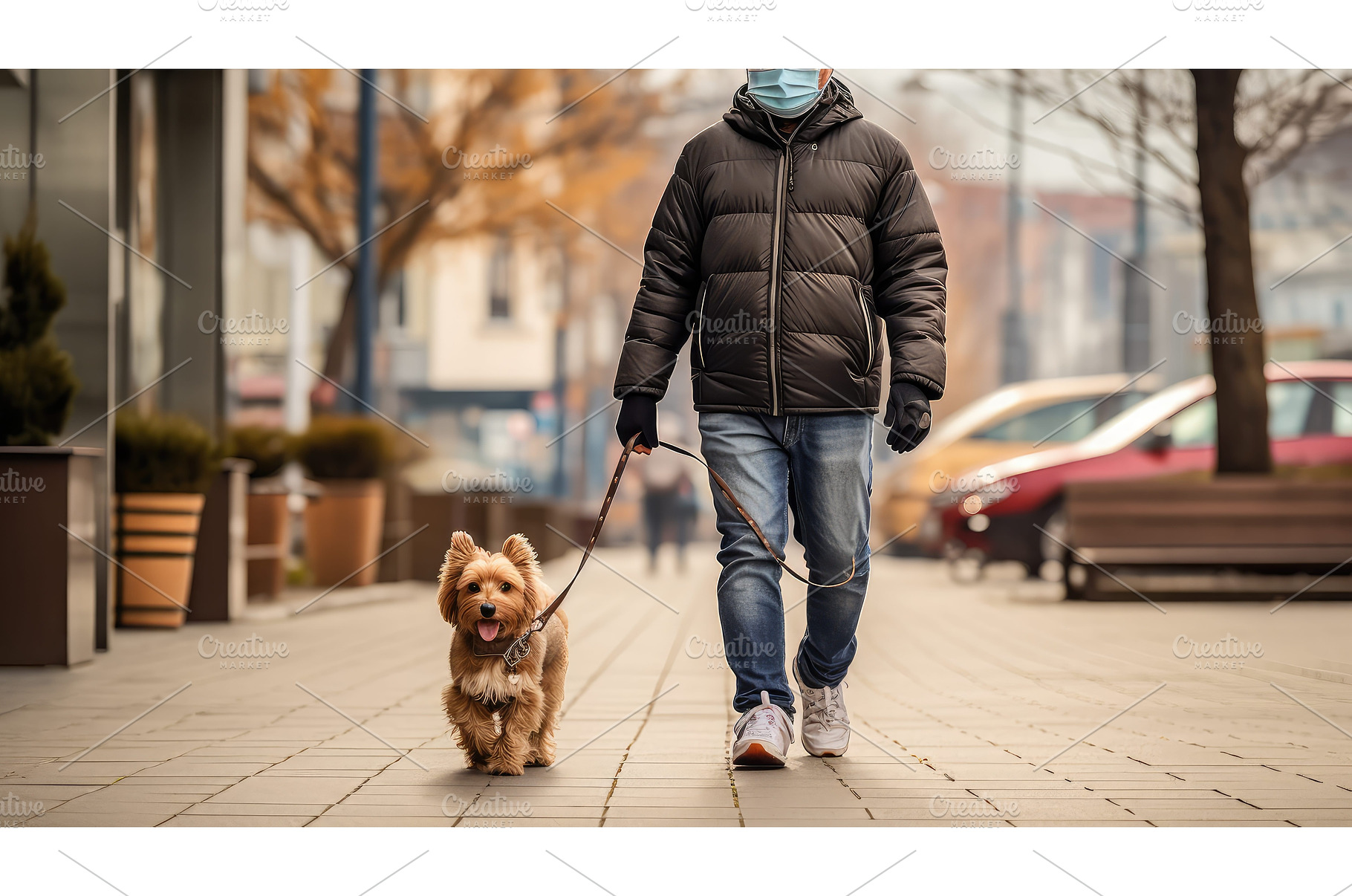 leash walking dog with mask ai, a Nature Photo by pikepicture