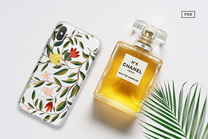 iPhone X Mock Up With Chanel Bottle