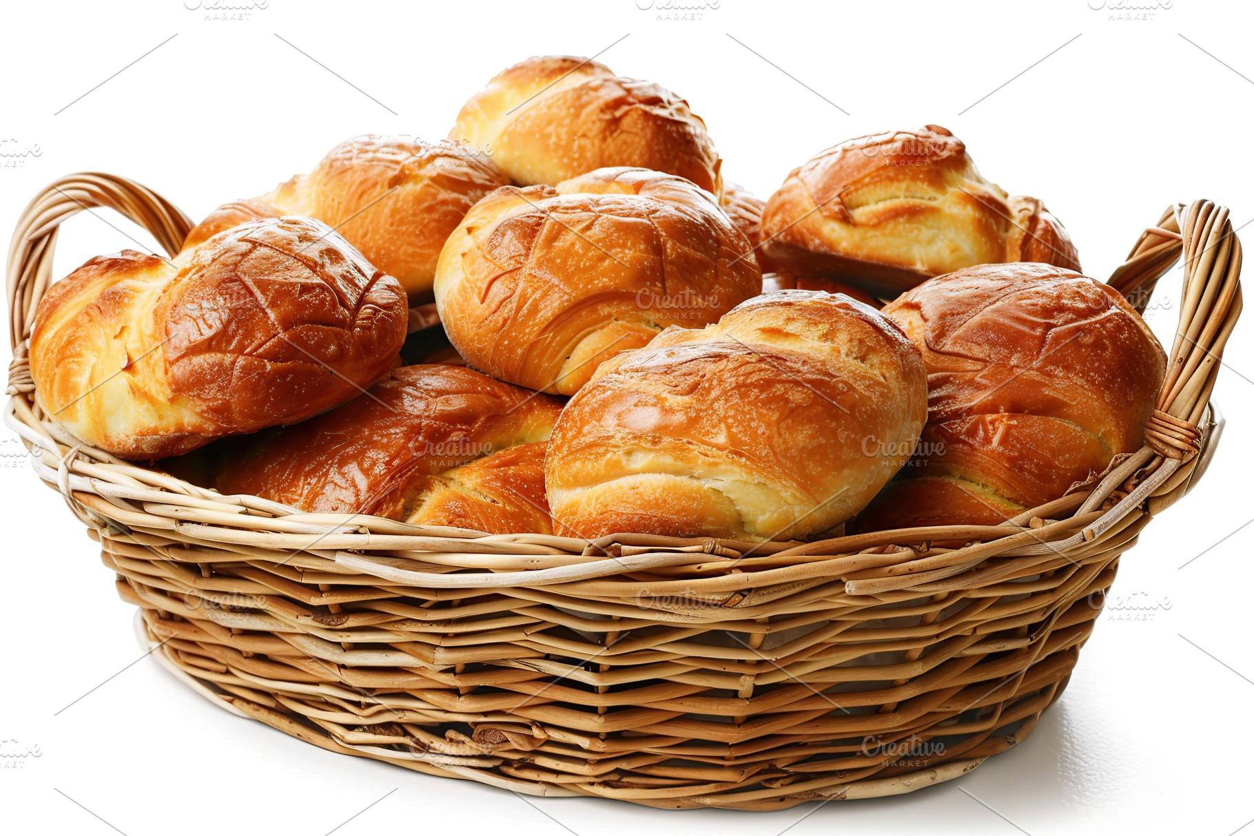 Freshly different baked buns in basket isolated on white background, a Food & Drink Photo by AlyaAnd