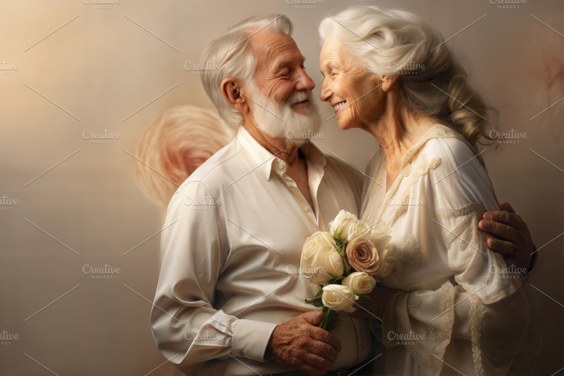 Elderly couple embracing, holding flowers, and smiling at each other., a Person Photo by ImageMir