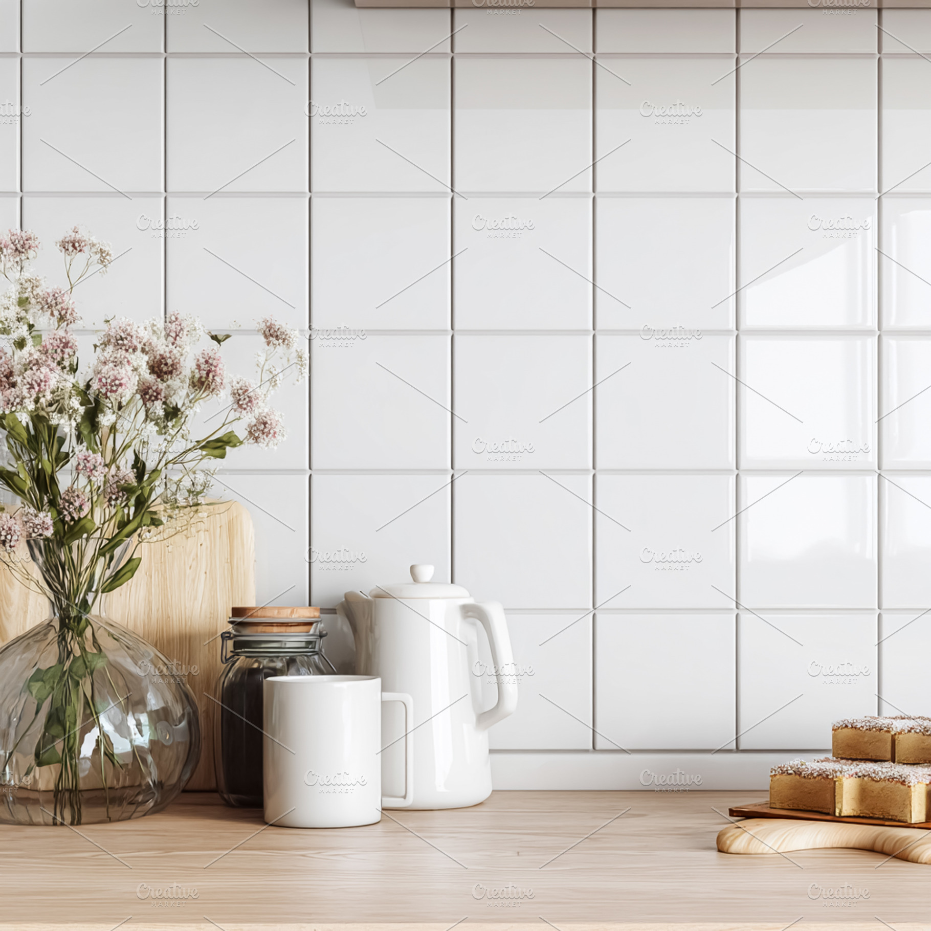 Minimalist kitchen interior displaying white square tiles, woode, a Photo by Studio ANNA