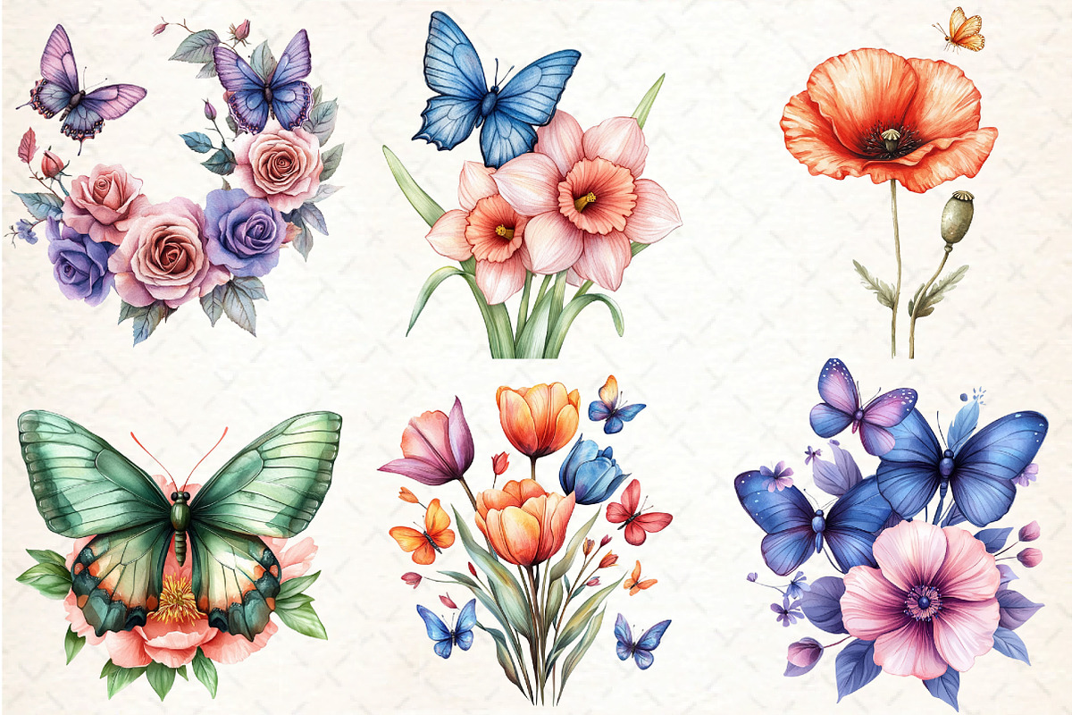 Colorful Flowers and Butterflies Cli, an Illustration by DreamCafeArt (Photo 2 of 7)