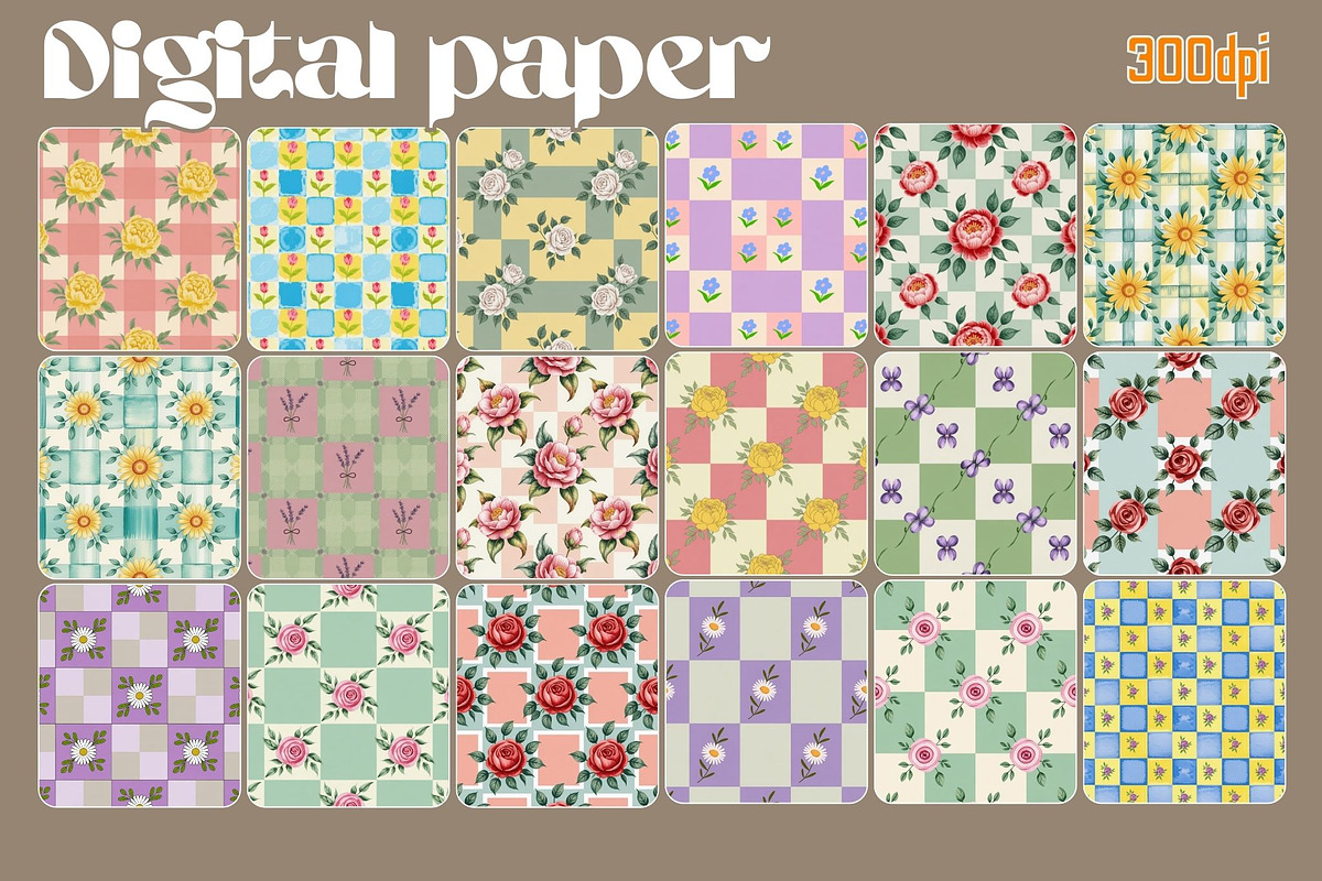 Floral Gingham Check Digital Papers, a Graphic by iloveTemplate