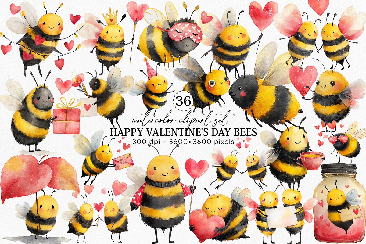 Happy Valentine's Day Bees Clipart, an Illustration by Canvas Craft (Photo 1 of 6)