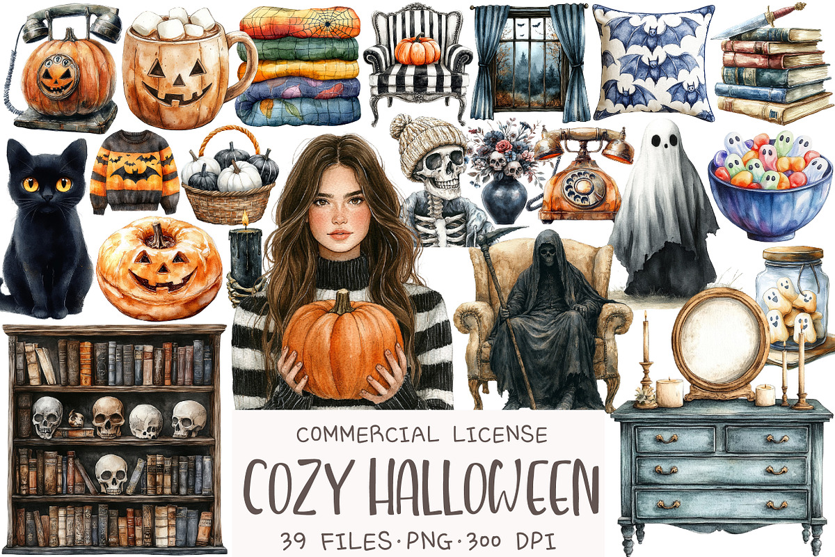 Watercolor Cozy Halloween Clipart, an Illustration by OK Design (Photo 1 of 5)